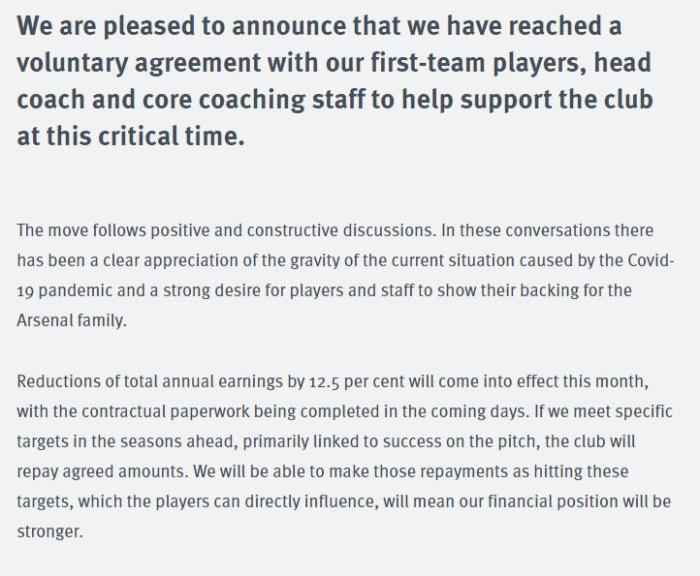 阿森纳官方声明截图 英超球队也开始降薪!阿森纳球员教练自愿降薪12.5%